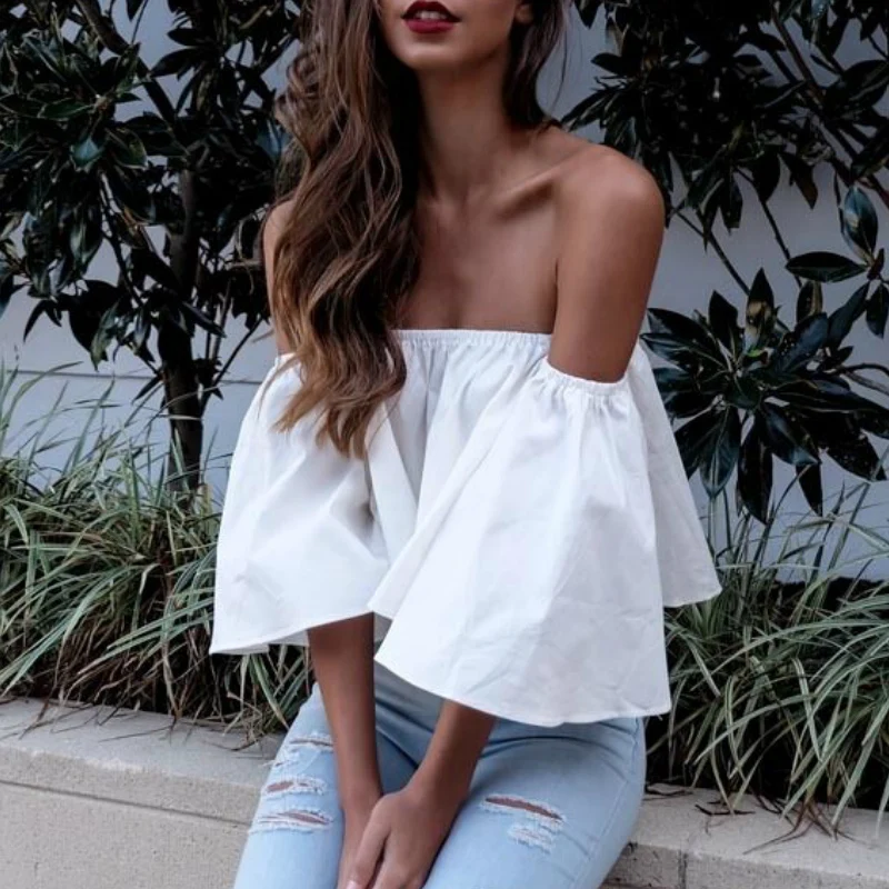 Women Bikini Cover Up Flare sleeve Tank tops Off shoulder tee shirt Crop Top Cropped Beachwear