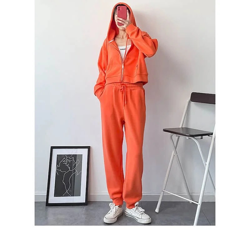 2024 Fall Winter Fashion Loose Sweatshirt Sweatpants Sports Suit Women New Casual Two-piece Long-sleeve Zipper Drawstring Hooded