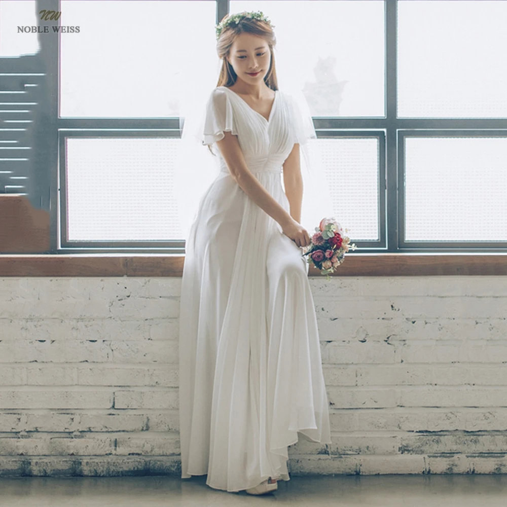 Vestido de novia con cuello en V hasta el suelo, vestidos de novia plisados, línea A, vestido de novia de gasa para mujer