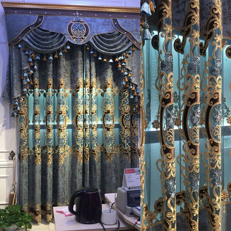 

European luxury villa chenille relief three dimensional embroidery curtain living room study bay window French window