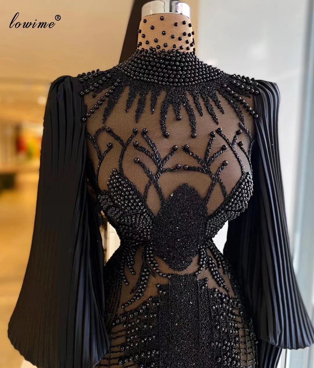 Vintage Black Pearls Celebrity Dresses Long Sleeves Beading Prom Dresses For Women Short Runaway Dresses Evening Gowns For Women