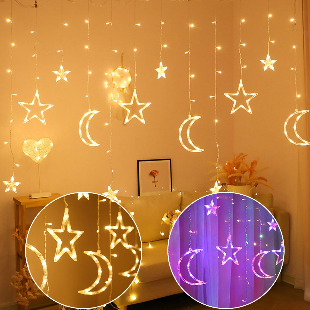 Rideau lumineux LED en forme d'étoile et de lune, guirlande lumineuse féerique pour noël, décor de Ramadan, fête de mariage, vacances et nouvel an, 220V