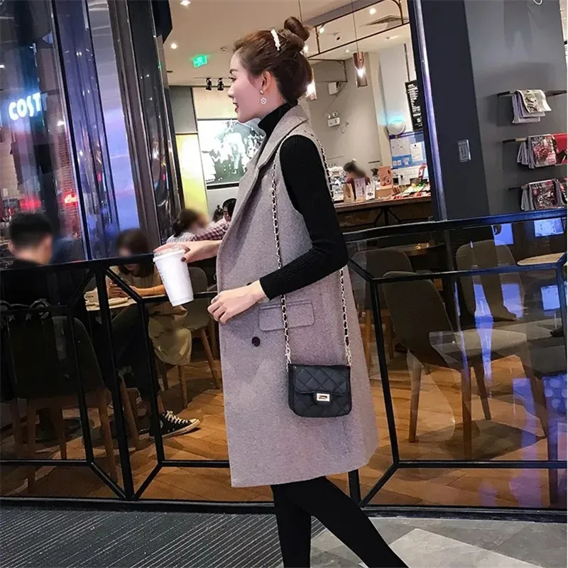 Woolen Long Vest Women Coat Sleeveless Double Breasted Waistcoat Jacket Winter Fashion Parkas Office Casual Gilet Femme Cardigan