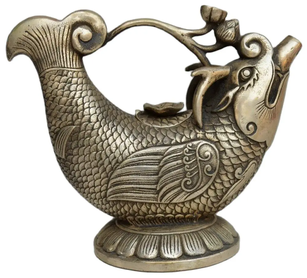 

home Decorated Collectible Chinese Miao Silver Carved Dragon Fish TeaPot metal crafts