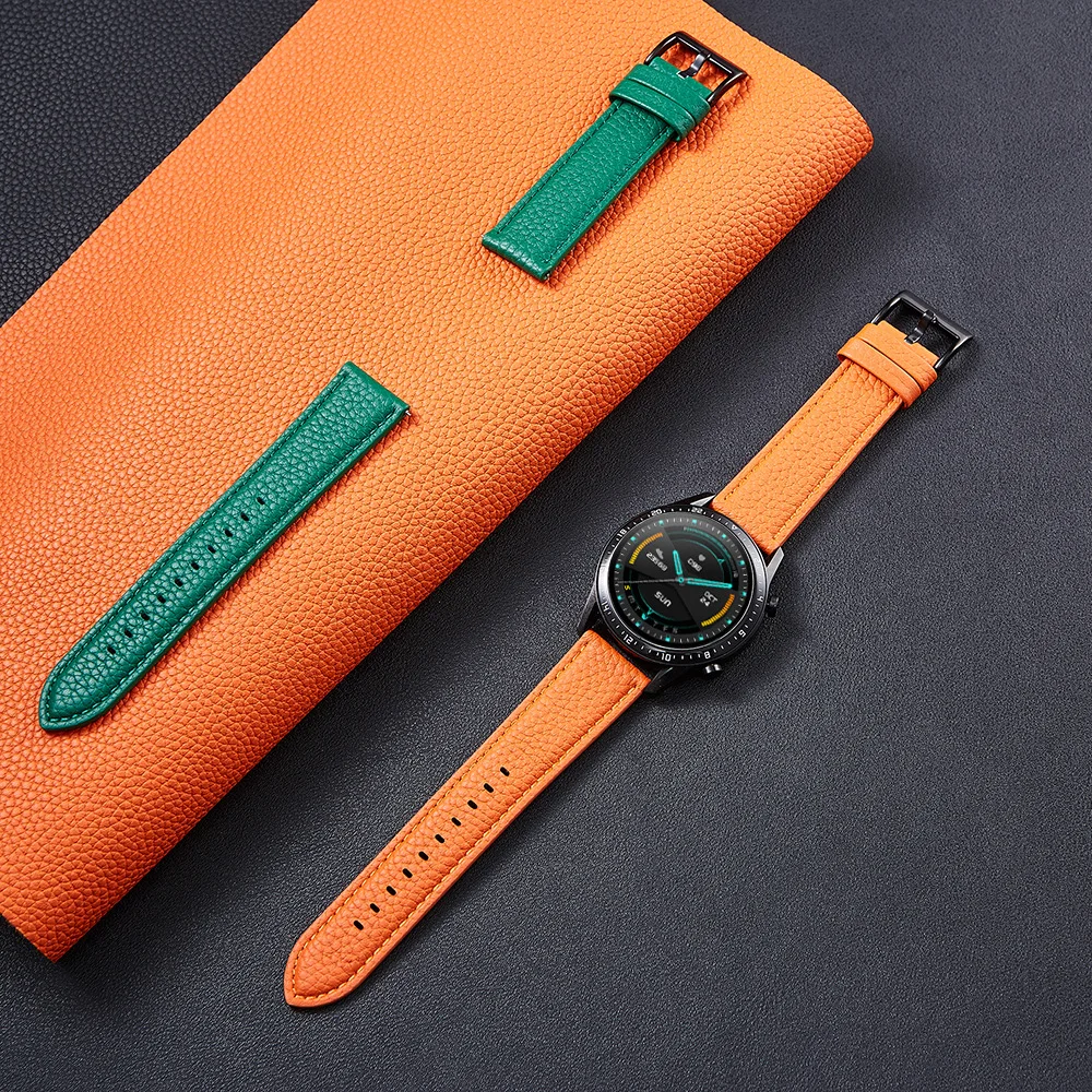 22mm 20mm Lychee Pattern Leather Strap For HUAWEI GT 2/Amazfit GTR 2 GTS/Samsung Galaxy Watch 3/Oneplus/Xiaomi Smart Watch Band