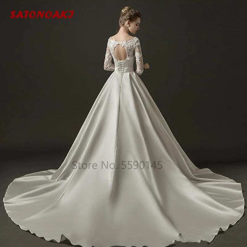 2024 Modest Ball Gown Satin Lace Wedding Dress With 3/4 Sleeves V Neck Corset Back Bridal Vintage Custom Made Vestido De Novia