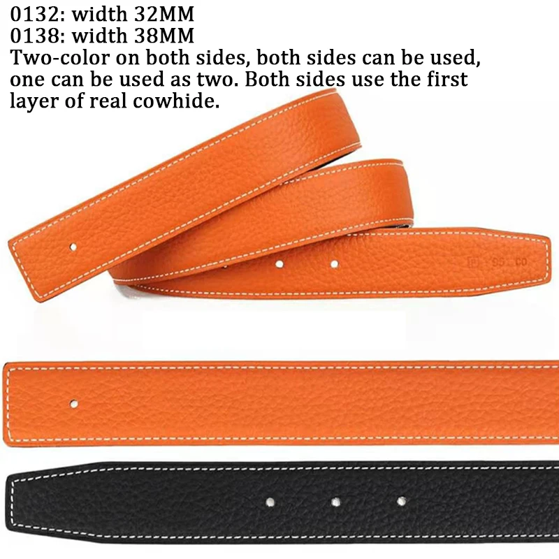 32 38MM Width Belt Suitable For Luxury H Buckle Top Layer Real Cowskin Belt For Unisex Double-side Two-color, One Is Used As Two