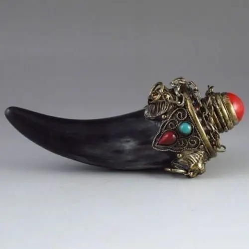 Original ! Exquisite Chinese Old Hand-carved Ox-Horn Snuff Bottle Inlay Gem
