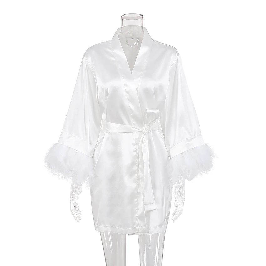 Hiloc White Feather Robe With Fur Full Sleeves Sleepwear Satin Robes For Women Nightgown Bride Robe Gown Dress Bathrobe Female