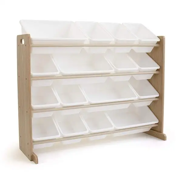 4-Layer 16 Compartment Toy Storage Rack Wooden Kids' Toy Storage Organizer with 16 Plastic Bins,X-Large, Natural / White