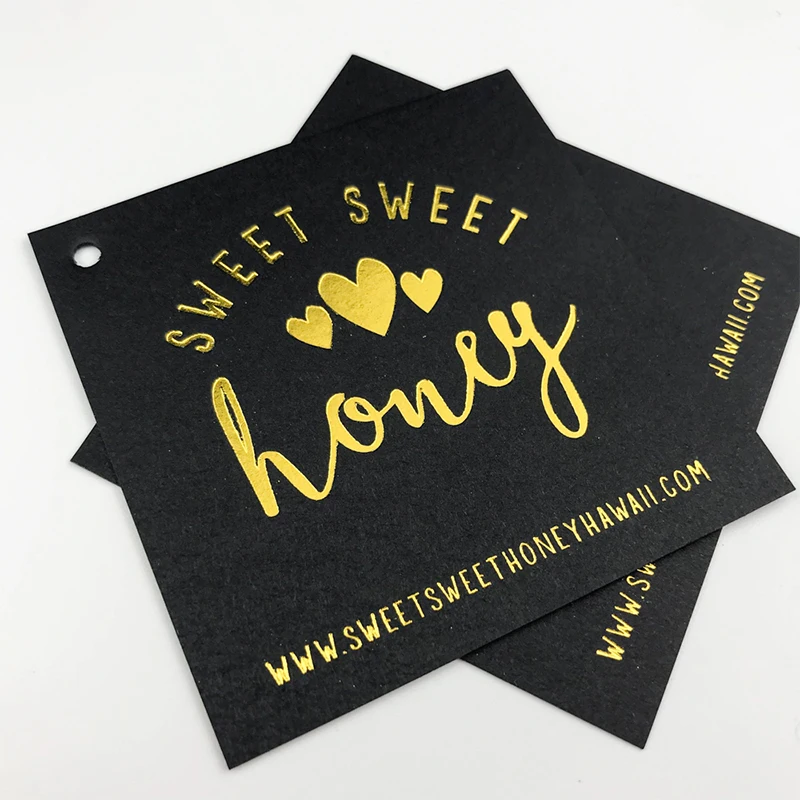 Free shipping Custom Brand Logo Hang Labels Golden Foiling thick Black Cardboard Swing Paper Tags for Clothing