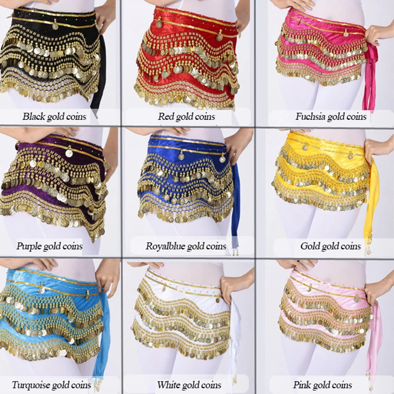 Silver/ Gold Coins Belly Dance Clothing Accessories Class Wear Hip Scarf 248 Coins Rectangle Belt Velvet Hips Scarf