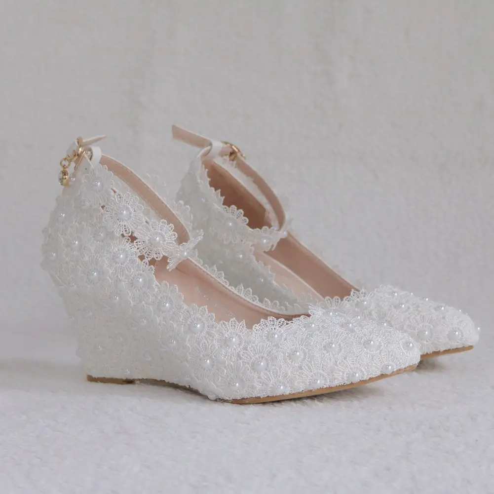 Fashion pink white wedges wedding pumps sweet white flower lace pearl platform pump shoes bride dress high heels Women\'s sandals