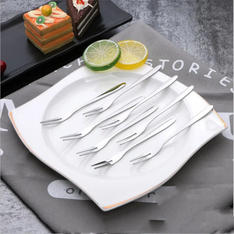 Multifunctional Stainless Steel Fruit Fork, Two-toothed Fork, Cake Fork, Western Small, Household Kitchen Accessories, 6Pcs