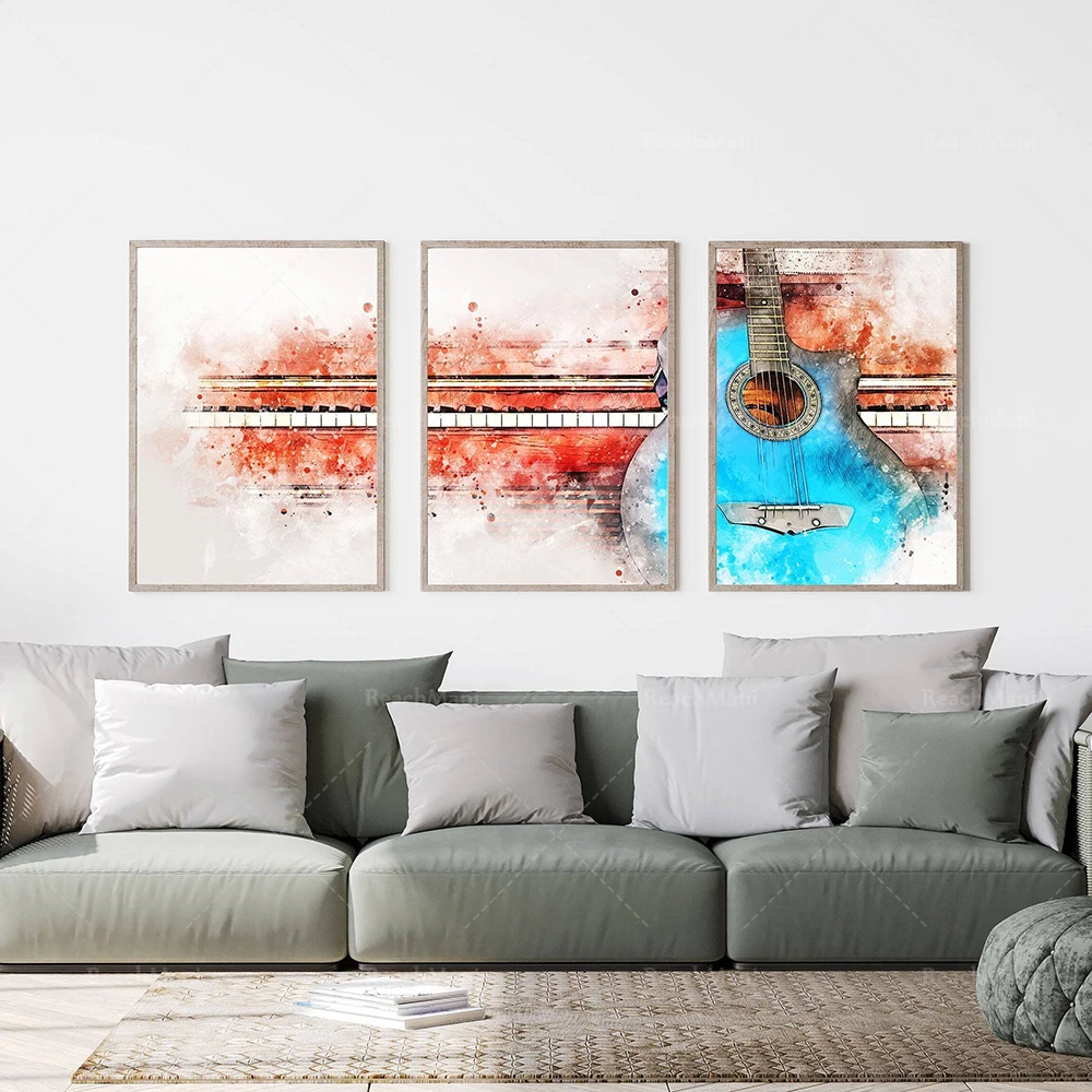 

Guitar and piano watercolor prints, blue, red, musical instruments contemporary art abstract music wall canvas print poster