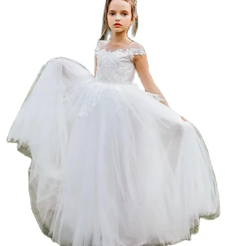 

Ivory White Lace Flower Girl Dresses Sheer Neck Tulle Kids Birthday Pageant Gowns A-Line First Communion Dress