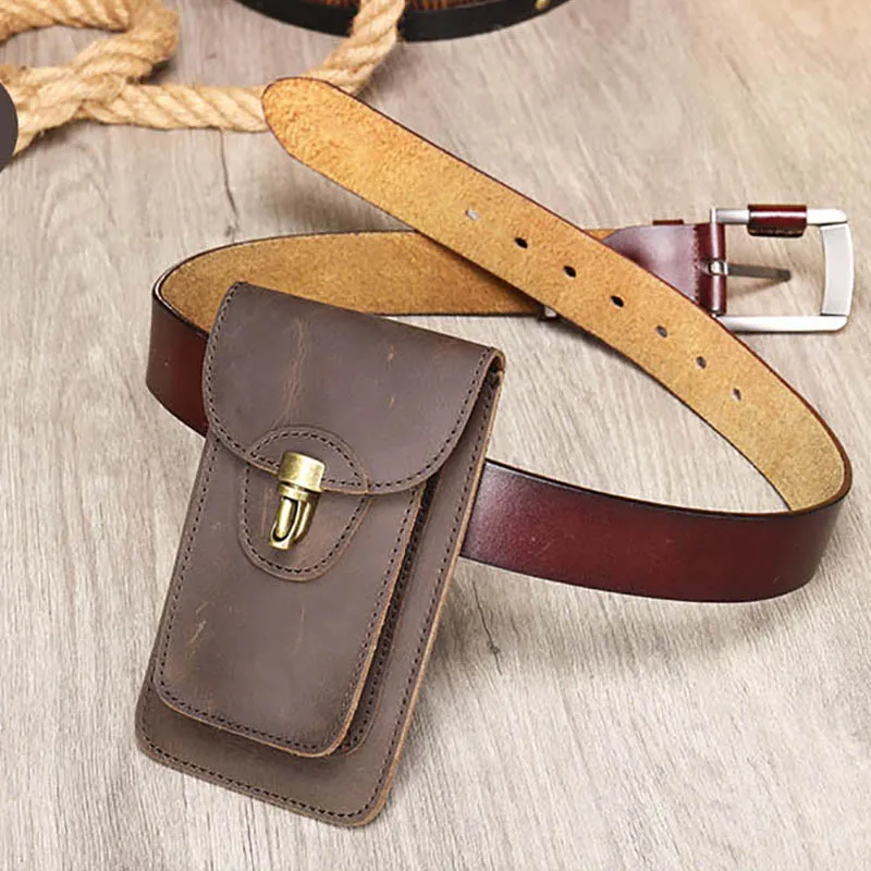 Luufan Genuine Leather Men Waist Bag Casual Cowhide Fashion Small Hook Bag Waist Belt Pack Cigarette Case 6.7\