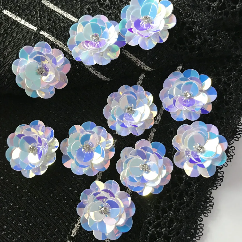 AHYONNIEX 10pcs/lot 2.5CM Sequins Flowers Parches Beads Patches Sew On Beading Applique for Clothes DIY Earrings Shoes Bags