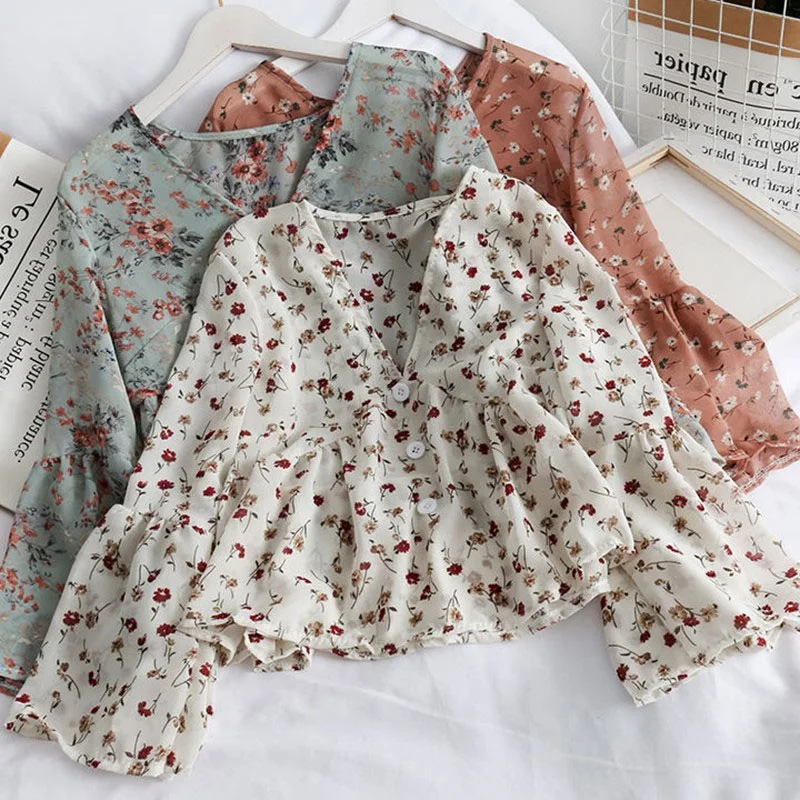 Women's V Neck Floral Print Chiffon Blouses Sweet Small Fresh Long Sleeves Chiffon Shirt Vintage Wild Tops