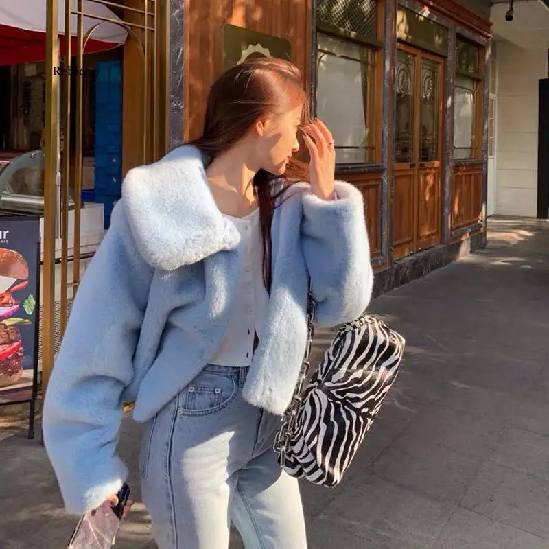 Women Winter Aqua Blue Big Lapel Hairy Shaggy Faux Rabbit Fur Jackets Vintage Furry Oversized Coat Short Outerwear