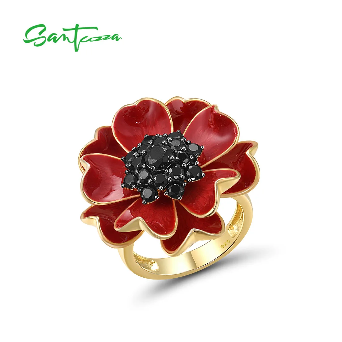 

SANTUZZA Pure 925 Sterling Silver Rings For Women Black Spinel Red Enamel Blossom Sun Flower Luxury Wedding Gifts Fine Jewelry