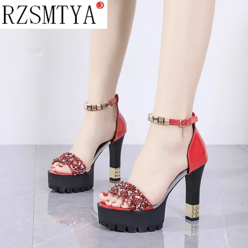 New Summer Women High Heels Wedding Party Sandals Open Toe Ankle Strap Chunky Heels Rhinestone Platform Sandals Diamond Shoes