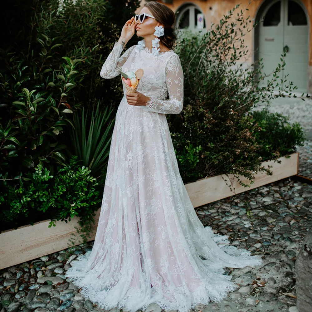 Lace Long Sleeves Beach Wedding Dress 2021 Romantic A Line Long Sash Boat Neck Custom Made Maxi Garden Bridal Gowns Plus Size