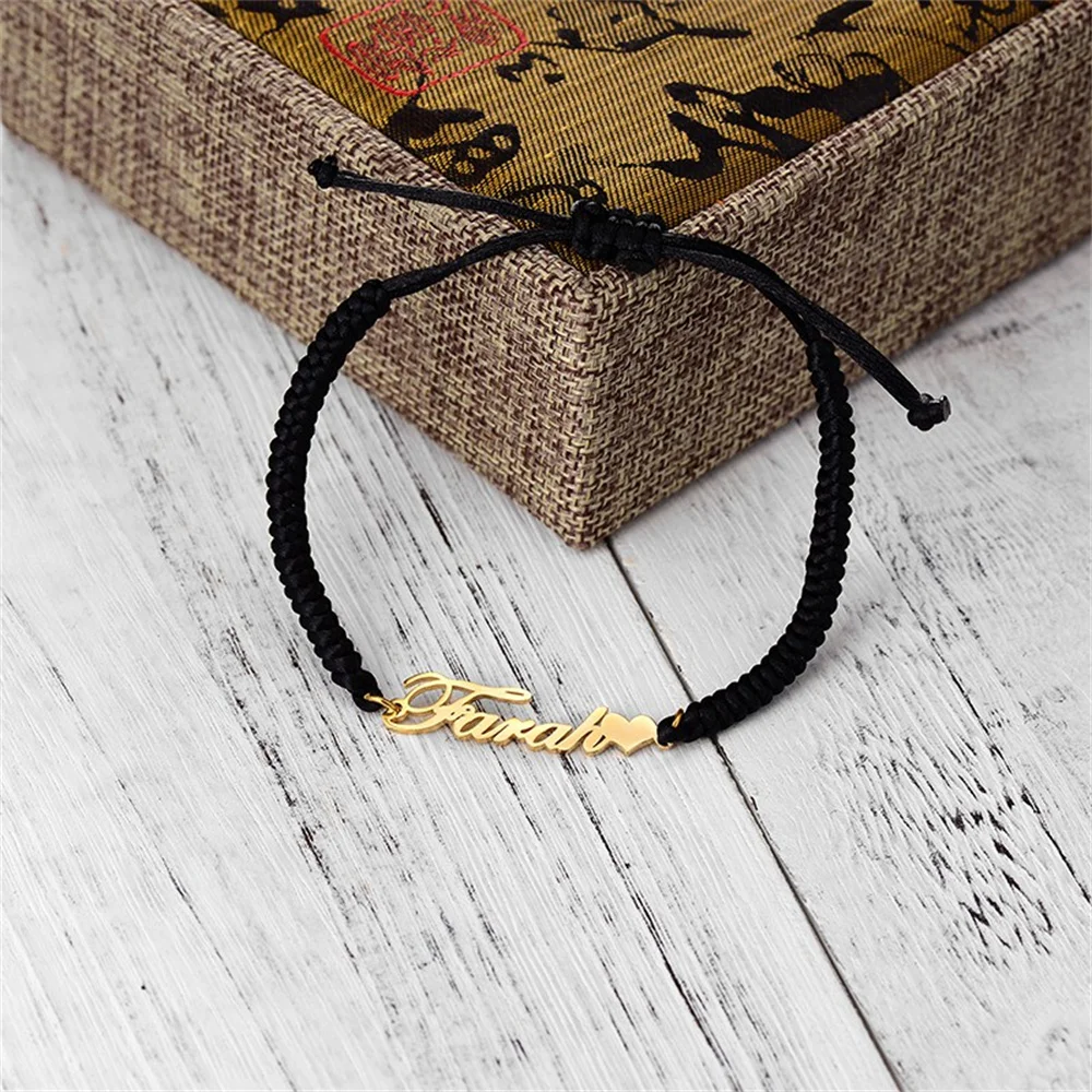 Tangula Customized Name Bracelet Nylon Cord Adjustable Stainless Steel Nameplate Bracelet Couple Personality Jewelry Best Gift