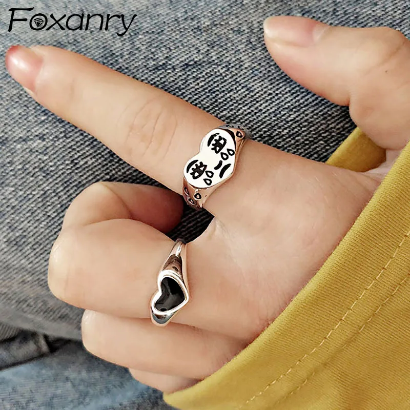 Foxanry Stamp Black LOVE Heart Rings for Women New Fashion Cute Cartoon Face Thai Silver Rock Party Jewelry Gifts