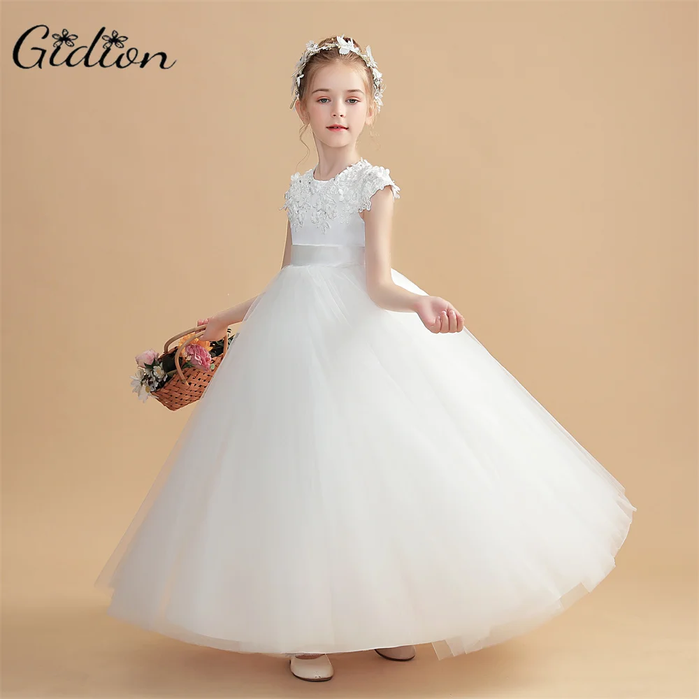 Robes à fleurs pour filles, avec des appliques, princesse bouffante, robe d'anniversaire pour enfants, première Communion, robe à manches cape pour filles