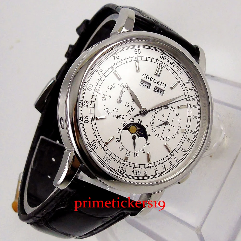 CORGEUT 42mm black/white colors watch dial day week function leather strap automatic watch men gift