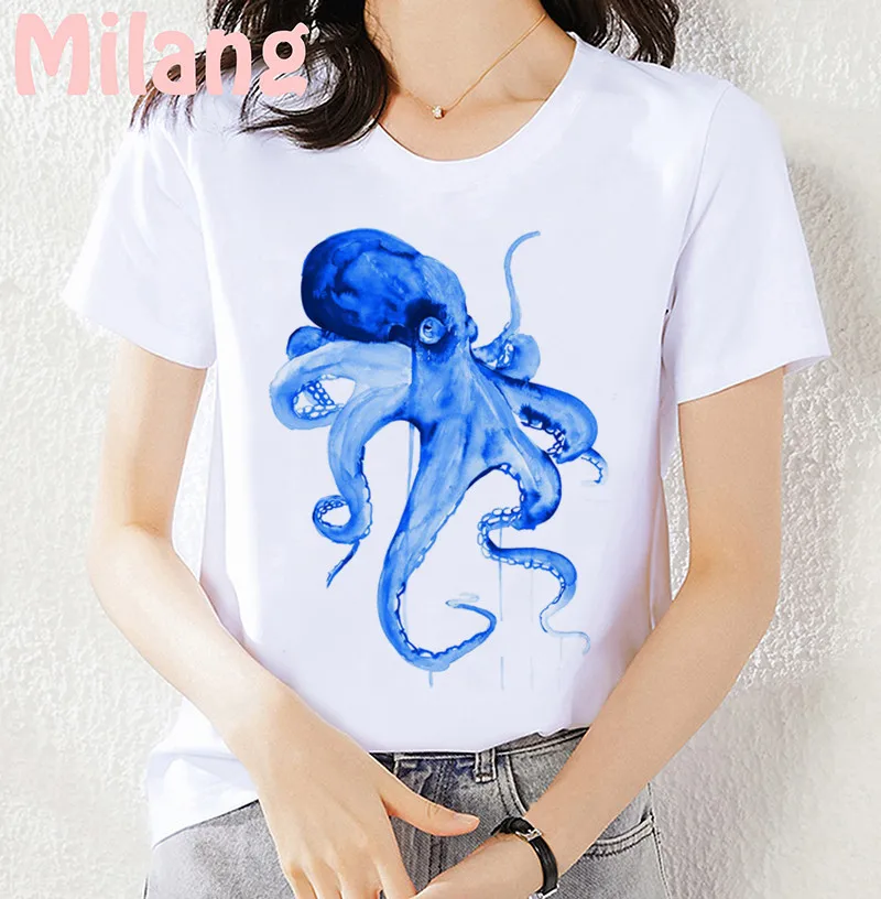 Watercolor Painting Sea Horse Jellyfish Mujer White Tops T Shirts Aesthetics Graphic Casual Short Sleeve Polyester Women T-Shirt