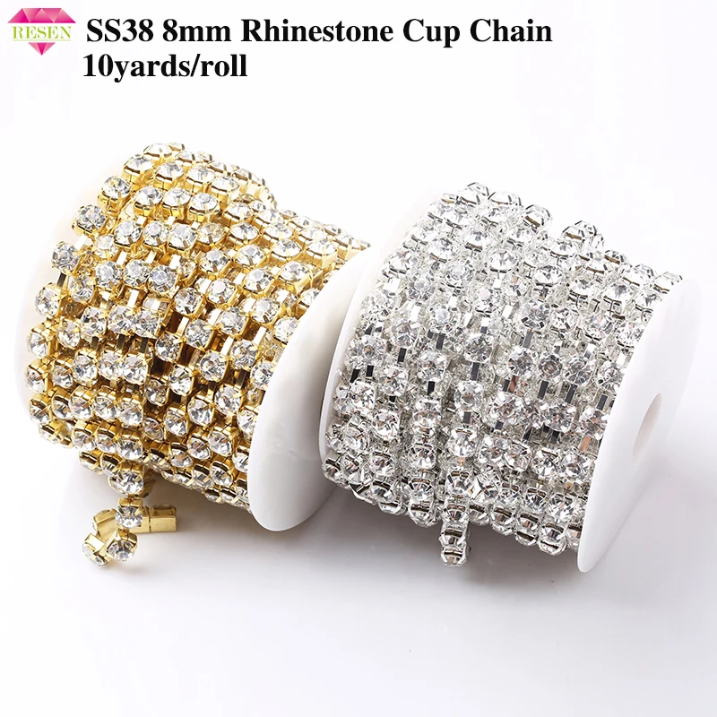 RESEN SS38 8mm Crystal Clear Rhinestone Gold/Sliver Cup Chain In Roll Rhinestone Chain Crystal AB For DIY Jewelry Accessories