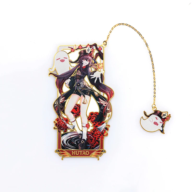 Game Genshin Impact Cosplay Metal Charms Hutao Brass Bookmarks Anime Accessories Cartoon Statues Halloween Decorations Chains