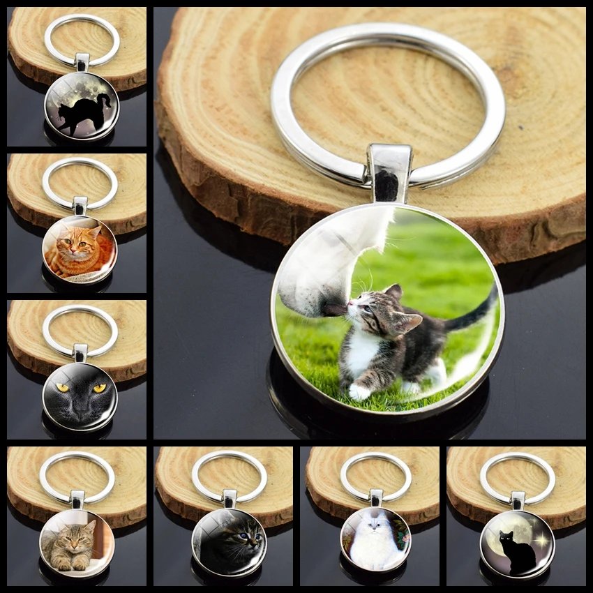 Cute Cat Keychain Animal Black Cat Pattern Key Chain Double Side Glass Cabochon Pendant Keyring Cat Pet Owners Gifts