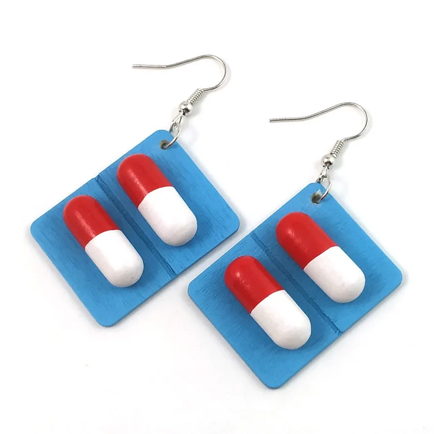 Funny Lovely Wooden Capsule Drop Earrings Cute Pills Medicine Big Dangle Earrings For Women Creative Fashion Jewelry Gift