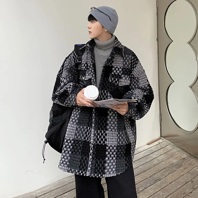 Autumn Plaid Jacket Men Fashion Retro Pocket Casual Jacket Men Streetwear Korean Loose Lapel Coat Mens Outerwear M-2XL