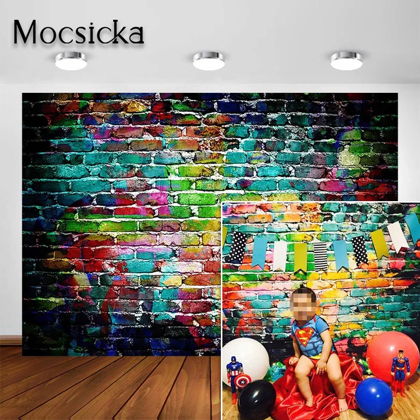 Mocsicka 7x5ft Colorful Brick Wall Photography Backdrop for Studio 80s 90s Hip Hop Party Decor Background Portrait Photo Shoot