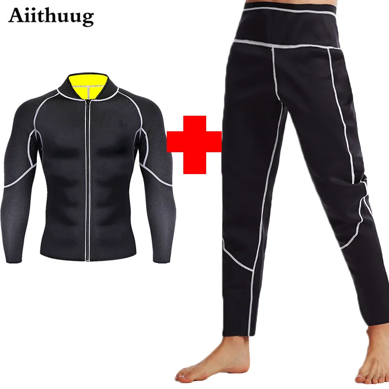 Aiithuug Slim Sets Sauna Suit for Men Sweat Jacket Long Sleeve Workout Sauna Shirts Zipper Neoprene Gym Slimming Top Body Shaper