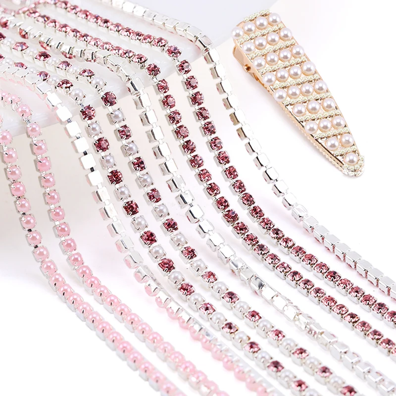 2mm 2 Yards ABS Pearl Copper Rhinestone Tassel Chain Base Cup Pearl Chain Fringe Trim For Craft Sewing DIY Garment Accessories