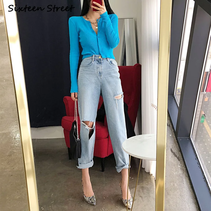 

Women high waist jeans Korean style chic straight high waisted hole female denim trousers ripped vintage clothes streetwear 2021