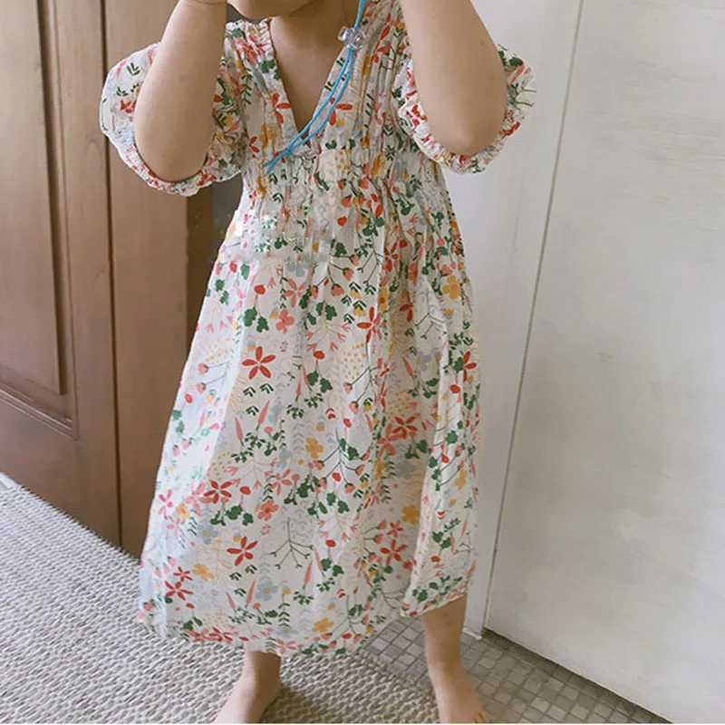 Summer Girls\' Dress Japanese And Korean Style Sweet Pastoral Style V-Neck Floral Dress Baby Kids Clothes Children Clothing