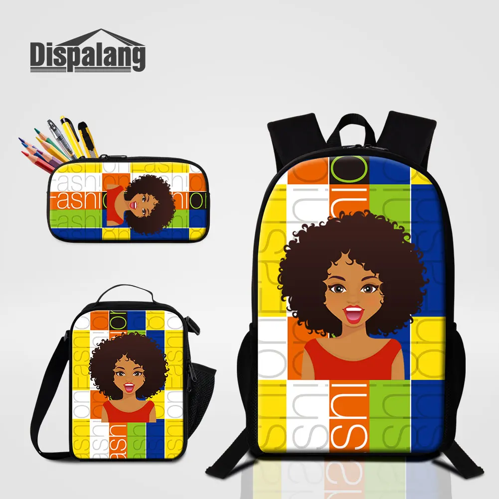 3PCS Bookbag Set 600D Polyester Sublimation School Bag With Pencil Case Food Cooler Bags African Black Girl Printing Backpack