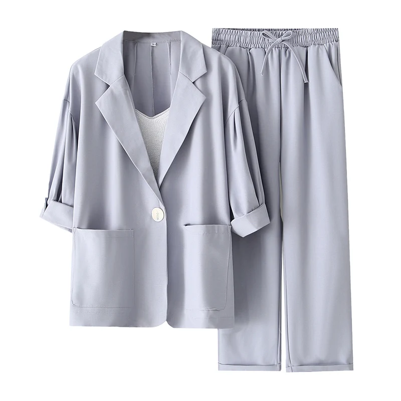 New Office Single Button Suits+pant Female Two Piece Sets Long Sleeve Blazer And High Waist Trousers LAdy Solid Large Size Suit