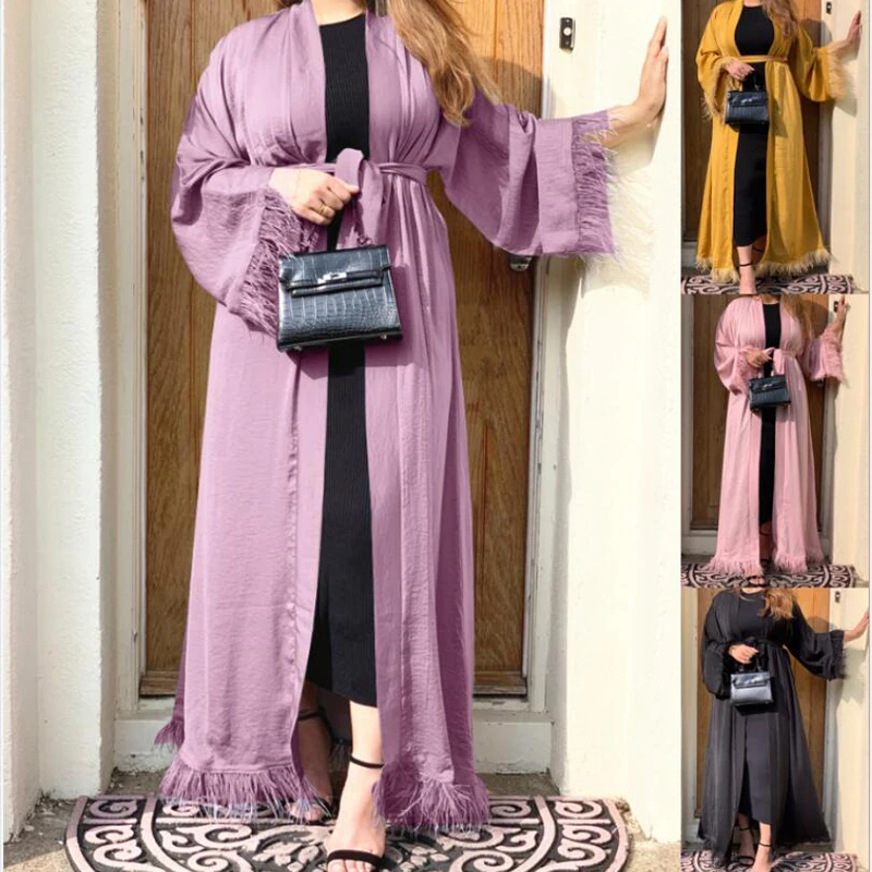 

Women Solid Color Open Abaya Feather Edge Muslim Arabic Middle East Dubai Ramadan Islamic Maxi Robe Elegant Party Evening Gown