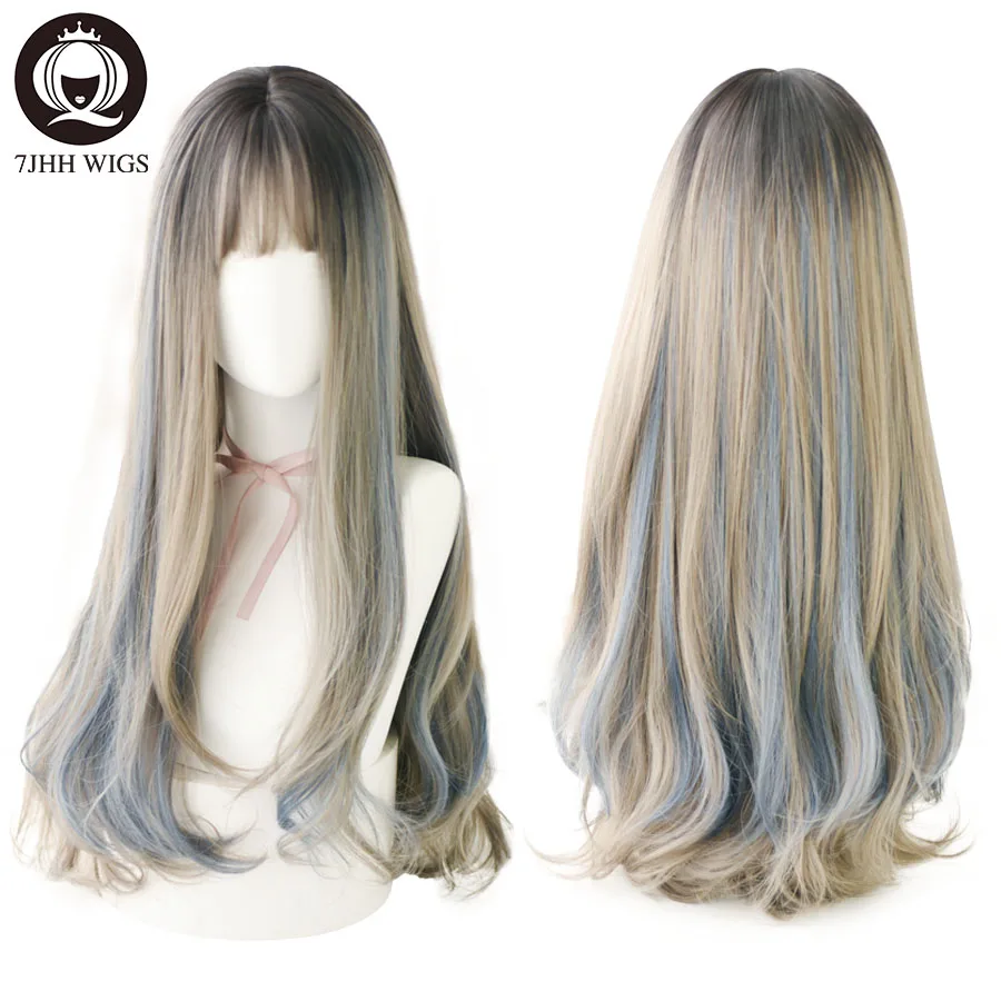 

7JHH WIGS Layer Blue Brown Black LOLITA Wigs With Bangs Long Straight Omber Purple Noble Wigs For Women Fashion Cosplay Wig