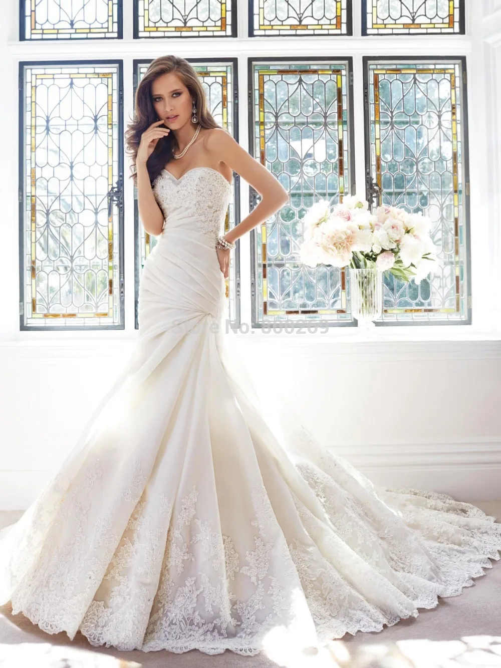 SF-25-2015 romántico sin tirantes de Organza de cristal y apliques de encaje, escote en forma de corazón, tren, sirena, vestidos de novia