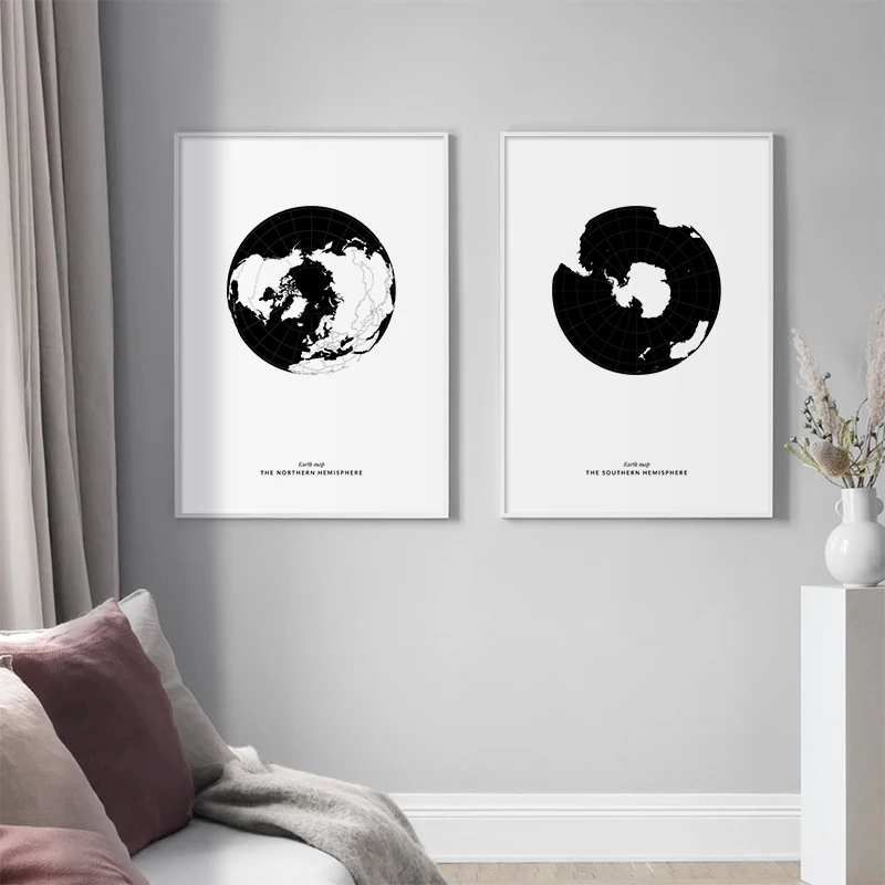 Earth Map Poster Black White Canvas Painting Northern and Southern Hemisphere Wall Pictures For Living Room Home Art Studio