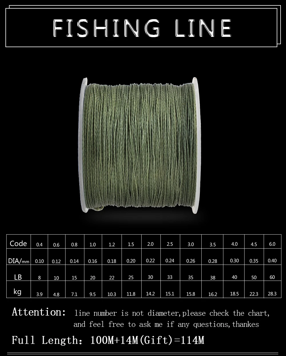 FTK 114M Geflochtener Draht PE Geflochten 0,4 # -6.0 # Code 4 Stränge 8-60LB PE Geflochtene 0,1-0,4mm Multifilament-Angelschnur für Salzwasser – Detail 2