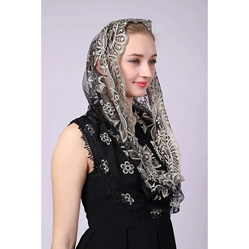 Velos de Mantilla negros y dorados para mujeres, velo de Iglesia Católica para cubrir la cabeza, envoltura de cabeza tradicional, bordado Floral, encaje redondo de tul